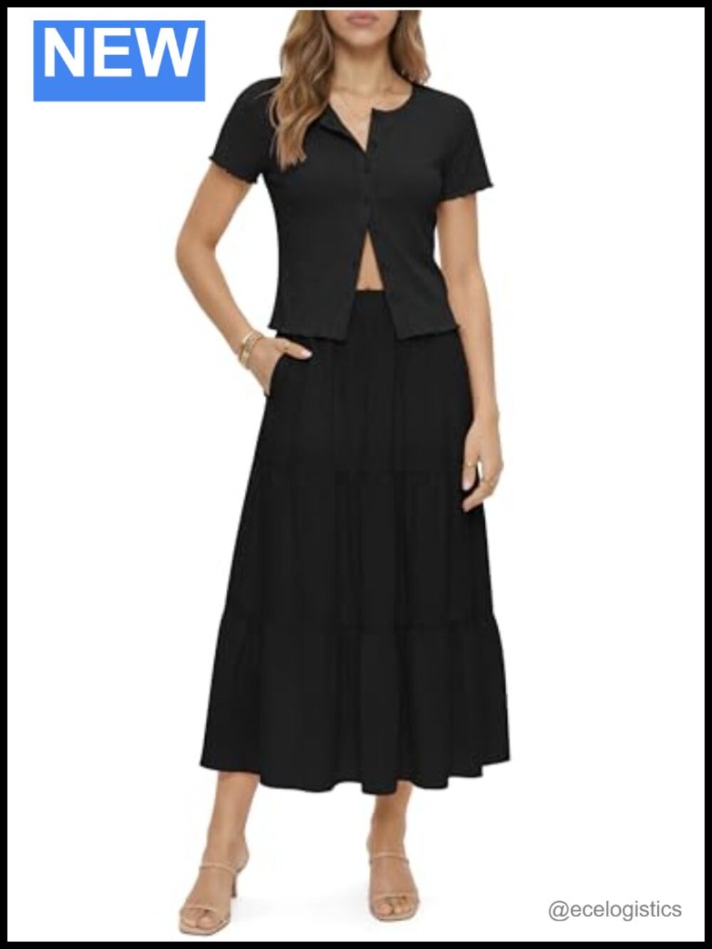 Women's 2 Piece Ribbed Cardigan & Maxi Skirt Set Short Sleeve Vacation Outfit